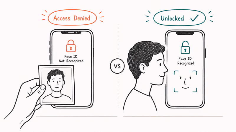 Hand-drawn split comparing a flat photo failing Face ID with a real face successfully unlocking the iPhone.