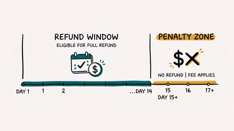 Timeline showing Adobe's 14-day free cancellation window versus the 50% fee period