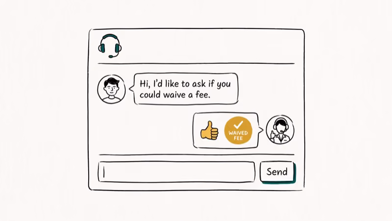 Chat conversation showing how to request an Adobe cancellation fee waiver from customer support