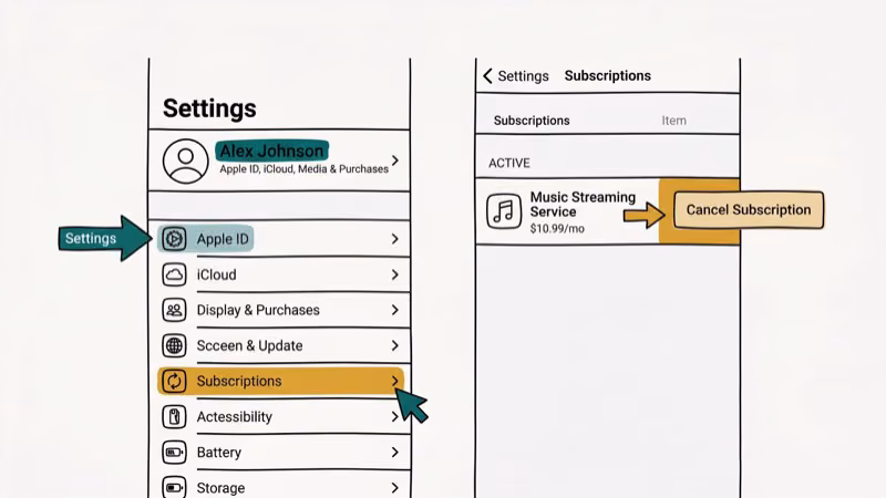 iPhone Settings screen showing how to cancel CBS All Access subscription through Apple ID