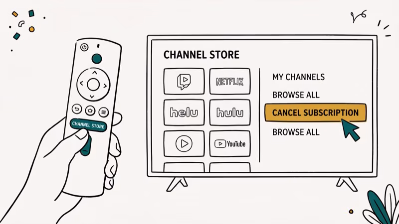 Roku remote and channel options menu showing how to cancel CBS All Access subscription