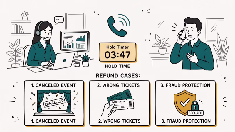 Flowchart showing StubHub buyer refund options including phone email and FanProtect coverage