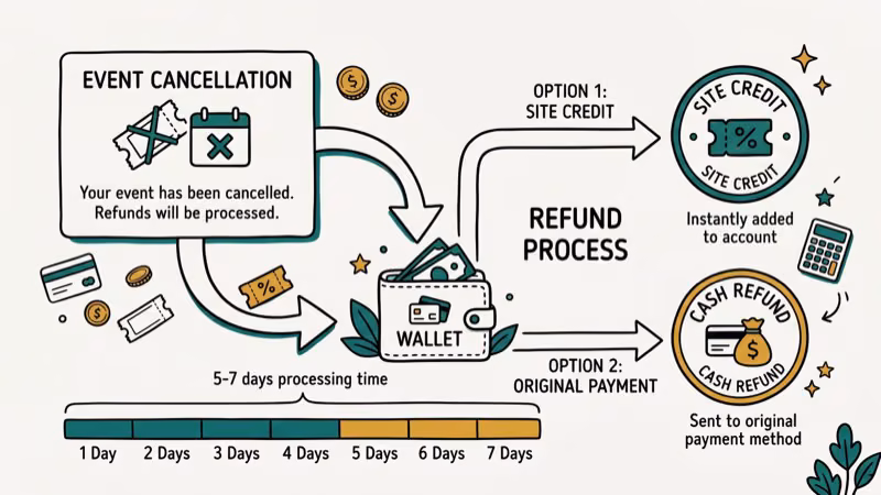 Diagram comparing automatic refund for canceled events versus manual request for postponed events