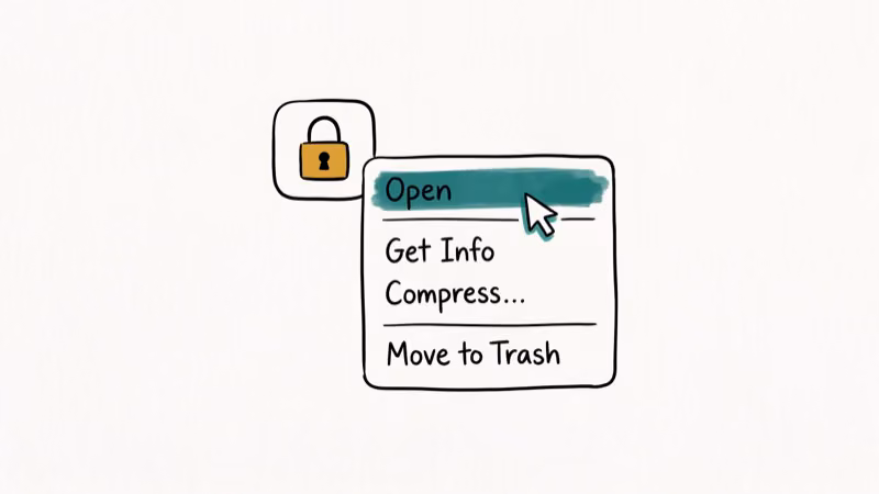 Mac Finder showing right-click context menu with Open option for unverified app