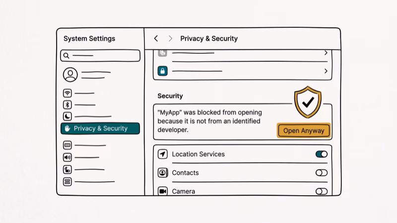 macOS Privacy and Security settings showing Open Anyway button for blocked app