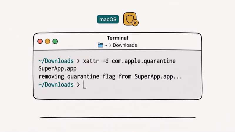 macOS Terminal window showing xattr command to remove quarantine flag from app