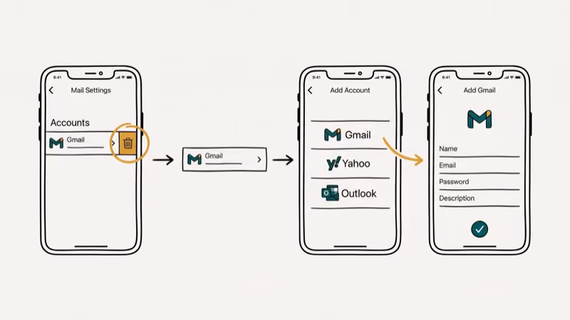 iPhone Mail Accounts settings showing how to delete and re-add an email account