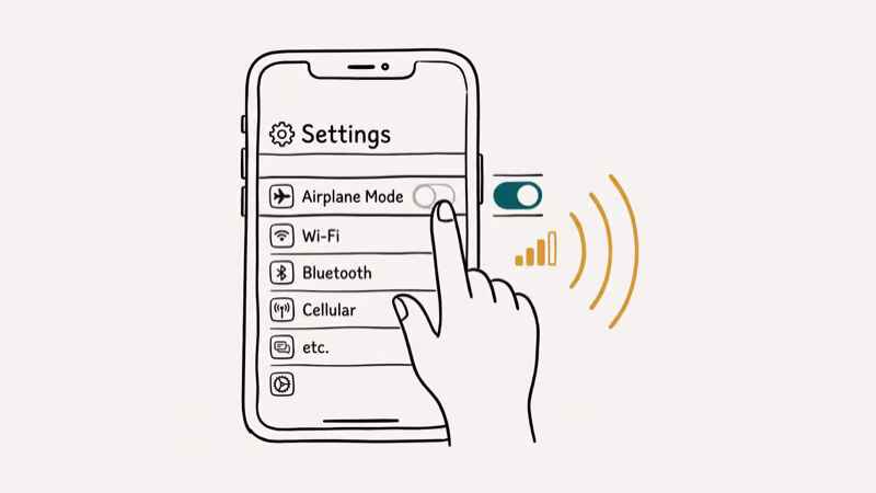 iPhone Settings screen showing Airplane Mode toggle to reset network connection
