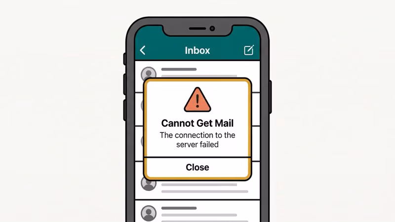 iPhone screen showing Cannot Get Mail server connection failed error popup