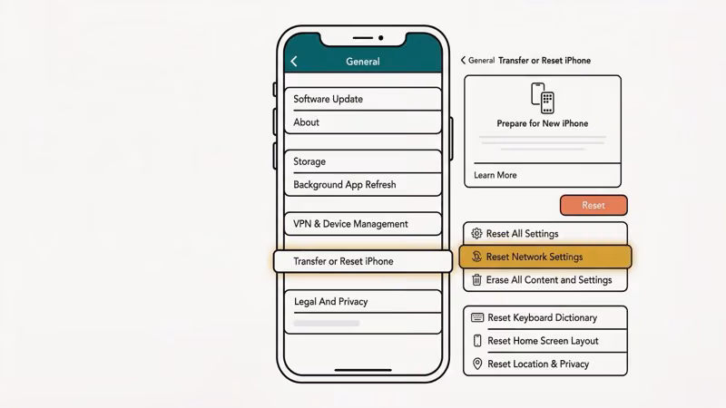 iPhone Settings path to Transfer or Reset iPhone and Reset Network Settings