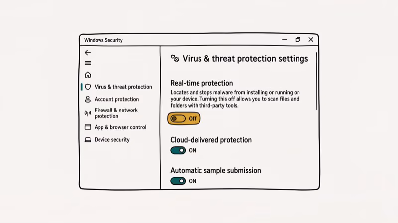 Windows antivirus real-time protection toggle switched off before running CHKDSK