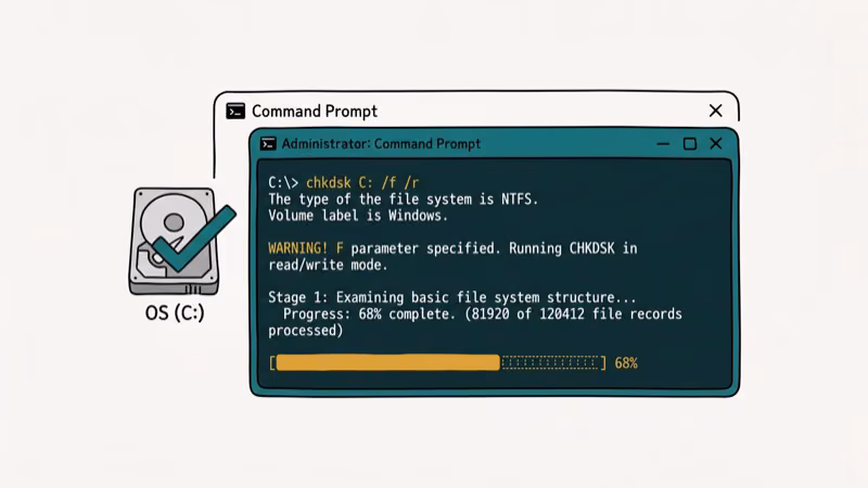 Windows Command Prompt as administrator showing chkdsk command for volume repair