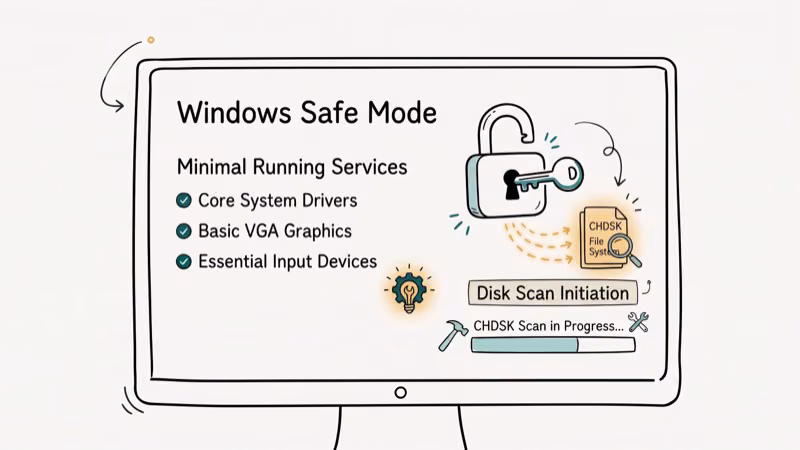 Windows System Configuration msconfig Boot tab showing Safe Boot Minimal option enabled