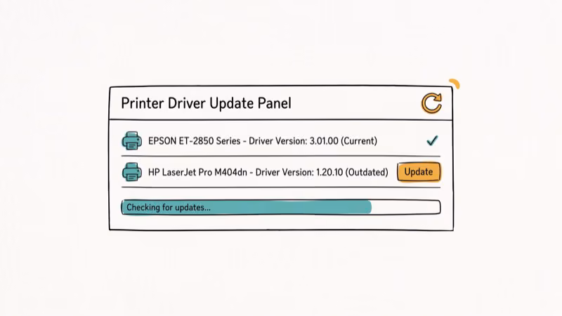 Windows Device Manager showing printer driver update process for PDF printing fix