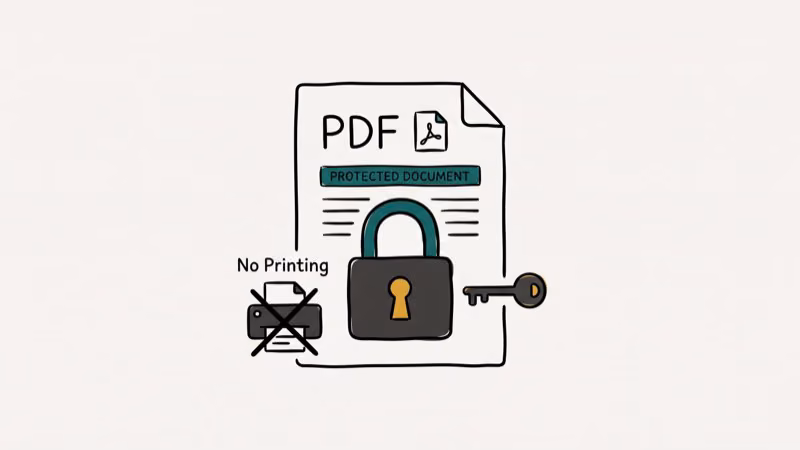 Adobe Acrobat permission details panel showing print restrictions and padlock icon