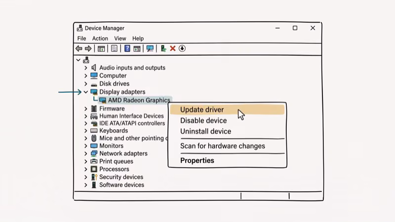Windows Device Manager showing display adapter driver update option for brightness fix