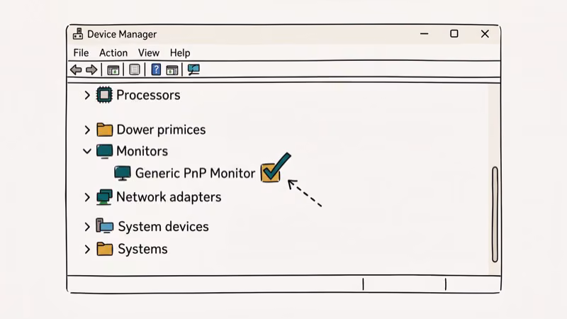Windows Device Manager Monitors section showing Generic PnP Monitor enable device option