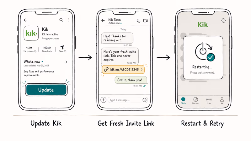 Three hand-drawn phone screens showing fix steps for Kik join error including update fresh link and restart.
