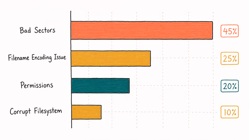 Hand-drawn horizontal bar chart ranking causes of source disk read errors by frequency with bad sectors leading.