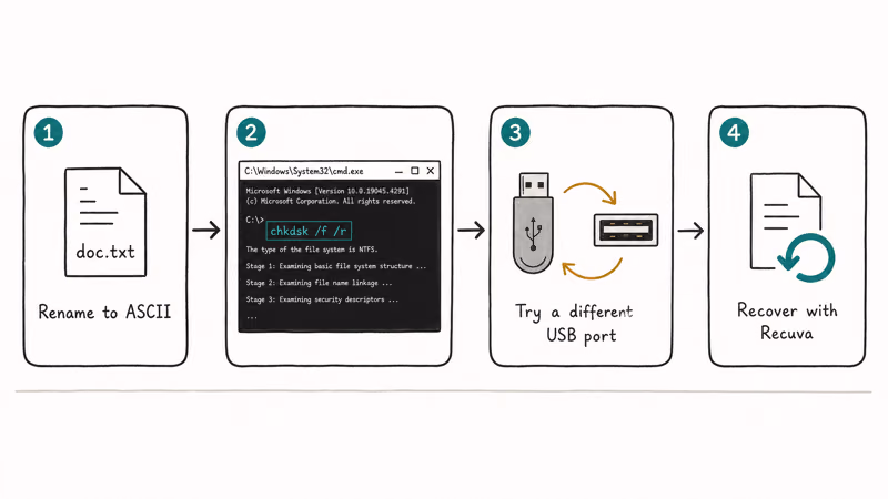 Four-card hand-drawn fix progression for source disk error with rename chkdsk port swap and recovery tool.