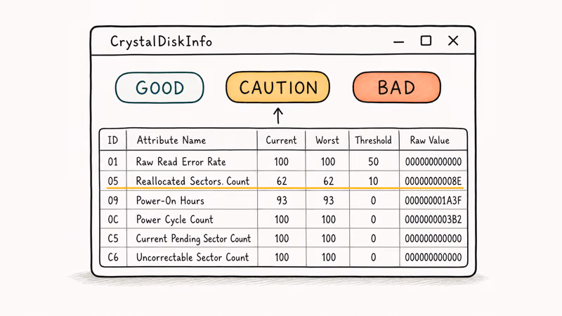 Hand-drawn CrystalDiskInfo style window showing Good Caution Bad pill statuses with reallocated sectors highlighted.