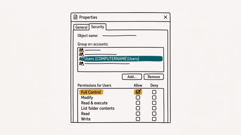 Windows file Properties Security tab showing Full Control permission settings for user account