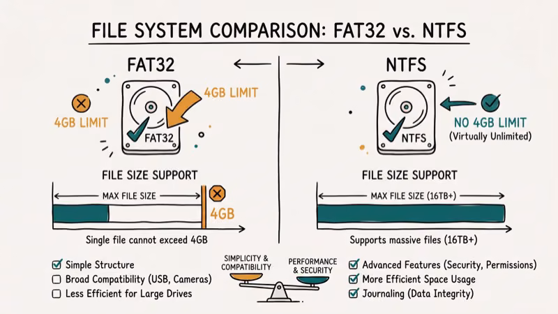 NTFS versus FAT32 file system comparison showing 4GB per file size limit difference