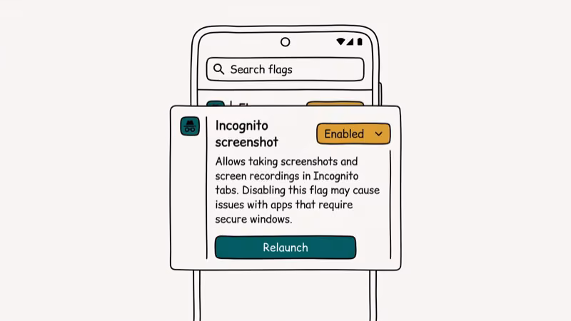 Chrome flags page showing the incognito screenshot setting enabled on Android