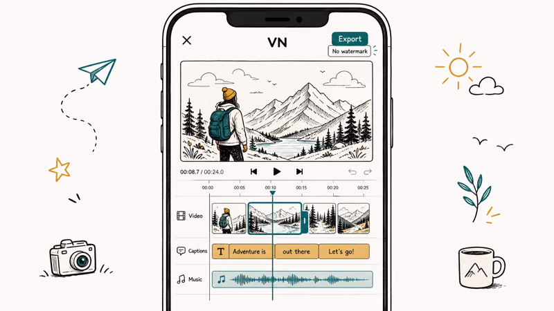 VN video editor showing a CapCut-style timeline with captions and watermark-free export on iPhone