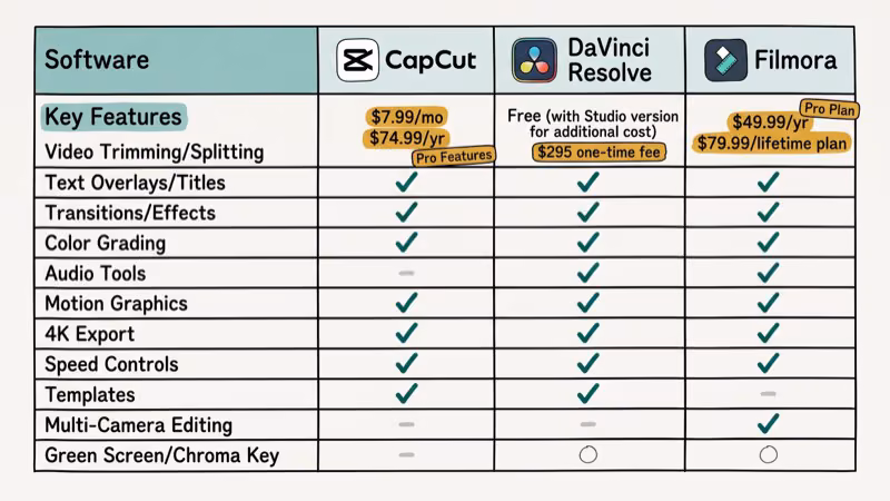 Comparison chart of CapCut alternatives including Filmora DaVinci Resolve and OpenShot