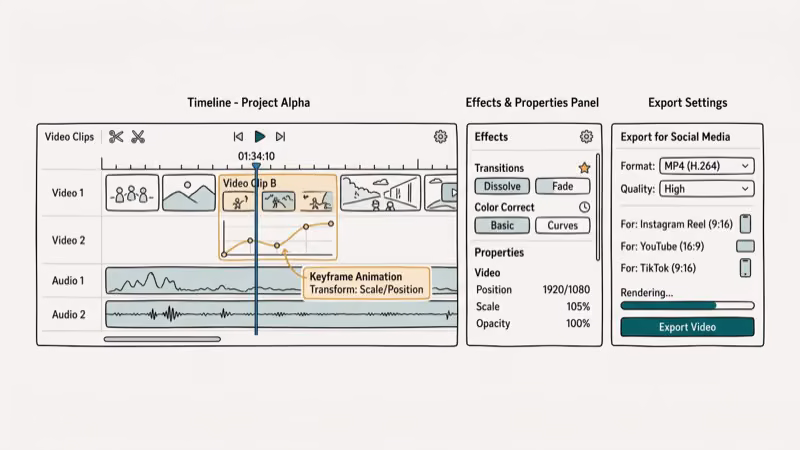 CapCut PC timeline editor showing multi-track editing and auto-caption features