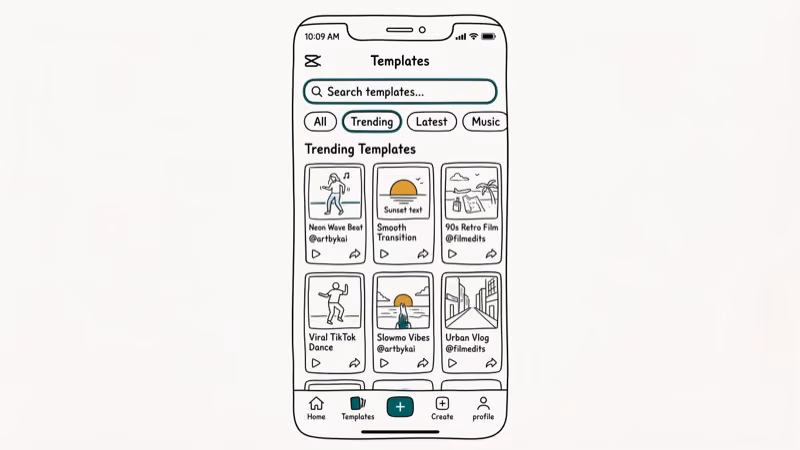 CapCut Template tab showing trending video templates sorted by views and recent activity