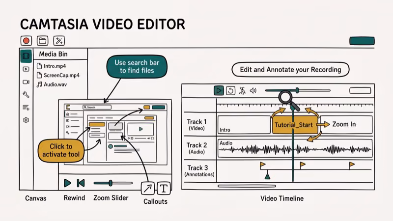 Camtasia screen recorder interface showing timeline editor annotations and export options