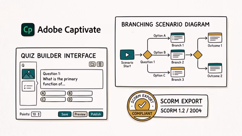 Adobe Captivate authoring interface showing branching scenario builder and SCORM quiz editor