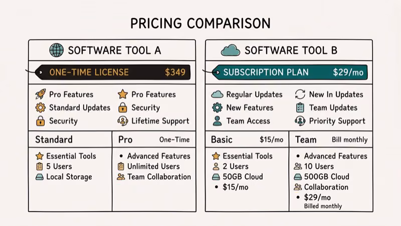 Side-by-side pricing comparison of Adobe Captivate subscription versus Camtasia perpetual license