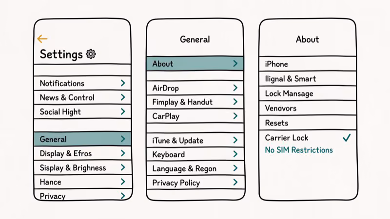 iPhone Settings screen showing Carrier Lock status as No SIM Restrictions under General About