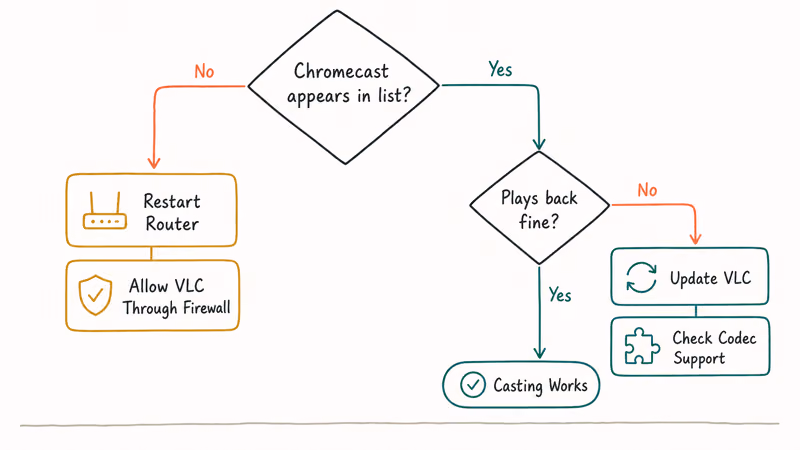 Hand-drawn decision tree mapping VLC Chromecast discovery and playback failures to specific fix paths.