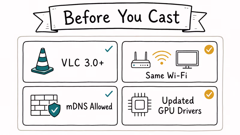 Hand-drawn 2x2 grid showing VLC version Chromecast network mDNS and GPU driver prerequisites for casting.