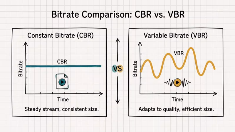 Visual diagram comparing constant bitrate versus variable bitrate allocation across video frames