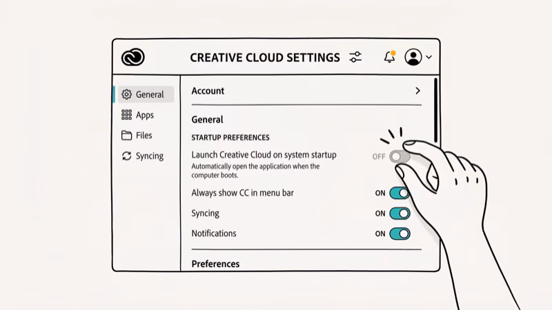 Adobe Creative Cloud startup settings configuration panel