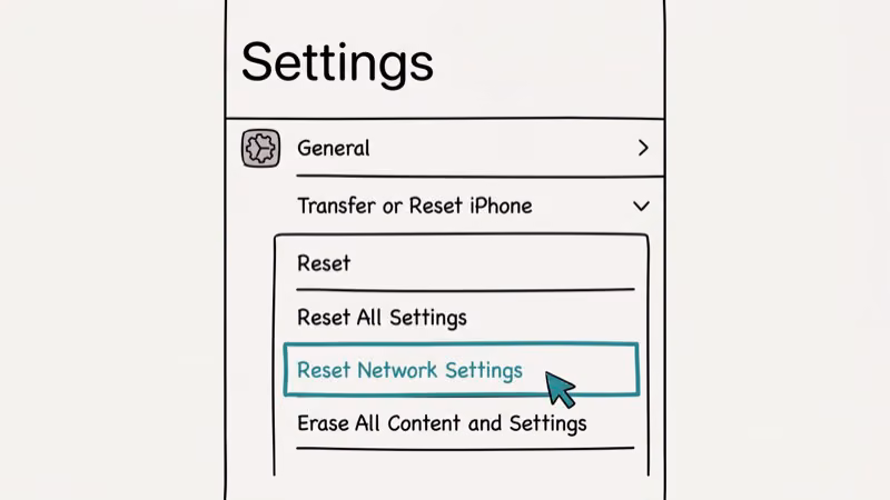 iPhone Settings screen showing reset network settings confirmation dialog