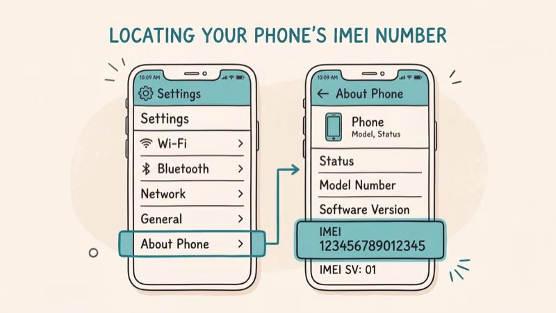Phone screen showing IMEI number lookup by dialing star hash 06 hash
