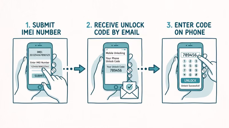 Step-by-step phone carrier unlock process showing IMEI entry and code delivery
