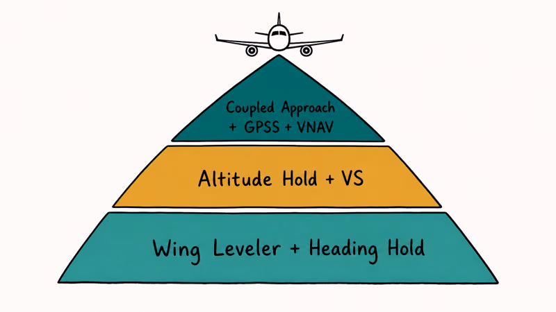 Three stacked Cessna 172 autopilot capability tiers from wing leveler to coupled approach