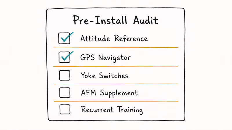 Five-item pre-install audit checklist for a Cessna 172 autopilot upgrade