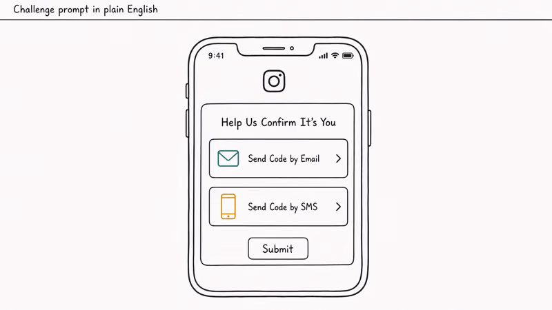 iPhone showing Instagram challenge required prompt with email and SMS verification options and a submit button.