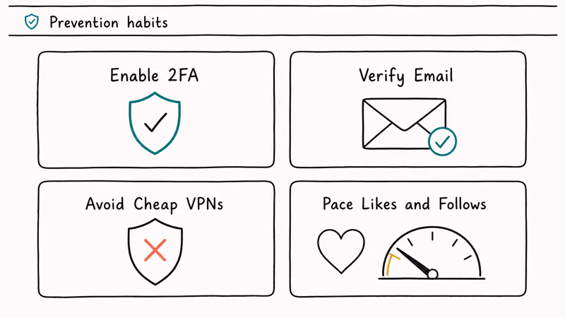 Four tile grid showing Instagram prevention habits enable 2FA verify email avoid cheap VPNs and pace engagement.