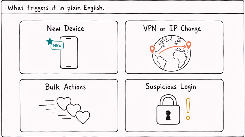 Four card grid showing Instagram challenge required triggers new device VPN IP change bulk actions and suspicious login.