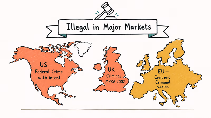 Hand-drawn map fragment showing US UK and EU regions labeled with IMEI change legal status and severity.