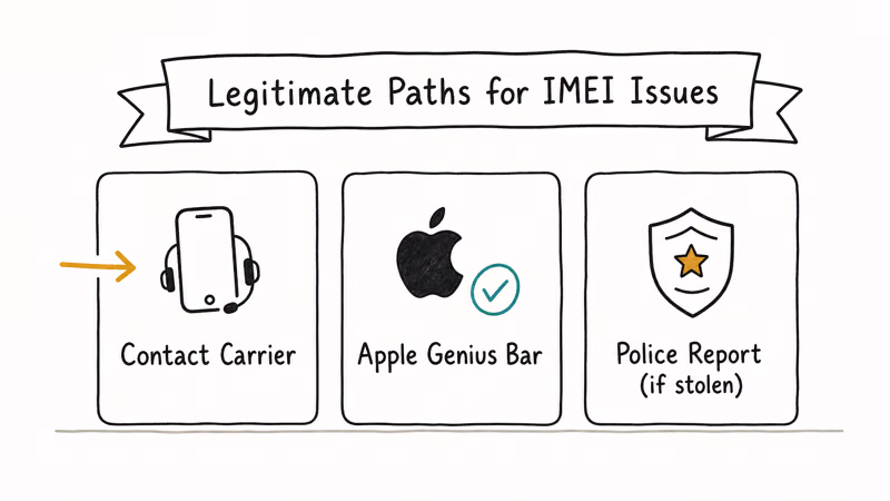 Three hand-drawn cards showing legitimate paths for IMEI issues including carrier Apple Genius and police report.
